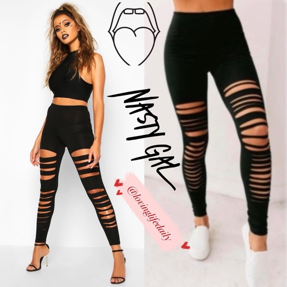 Nasty Gal Pants - Nasty Gal High Waisted Shredded Black Leggings Ripped NWT